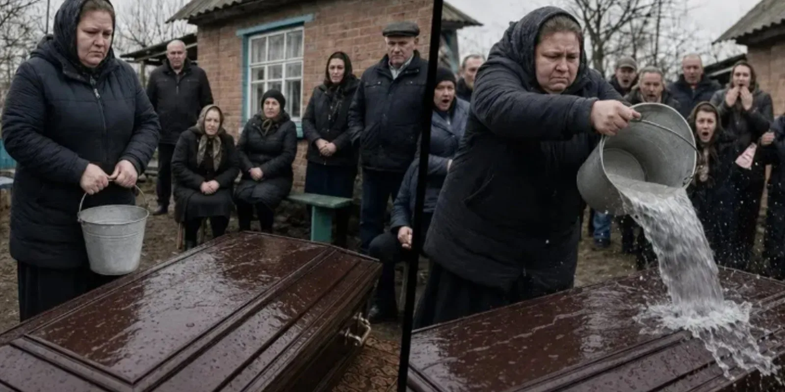 Женщина молча встала возле гроба мужа и вылила на него содержимое ведра. Через мгновение у всех присутствующих волосы встали